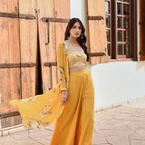 MUSTARD NAAZ CAPE, CROP TOP AND FLAIR PANTS SET OF 3