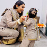 MASOOM MINAWALA | ADIVA GREY CHANDHERI KURTA, FLARED PANTS & ODHANI SET OF THREE