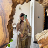 MEHAL KEJRIWAL | GREY ADIVA KURTA, FLARED PANTS & ODHANI SET OF THREE
