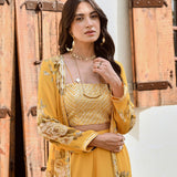 MUSTARD NAAZ CAPE, CROP TOP AND FLAIR PANTS SET OF 3