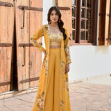 MUSTARD NAAZ CAPE, CROP TOP AND FLAIR PANTS SET OF 3