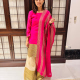 ADIVA RANI PINK CHANDHERI KURTA, SHARARA & ODHANI SET OF THREE