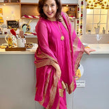 CHEF AMRITA RAICHAND | PINK AVNI PURE CHANDHERI KURTA FLARED PANTS & DUPATTA I SET OF THREE