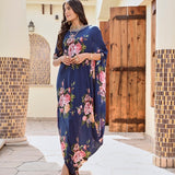 NAVY MULTI FLORAL ZIVA COWL DRESS