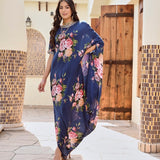 NAVY MULTI FLORAL ZIVA COWL DRESS