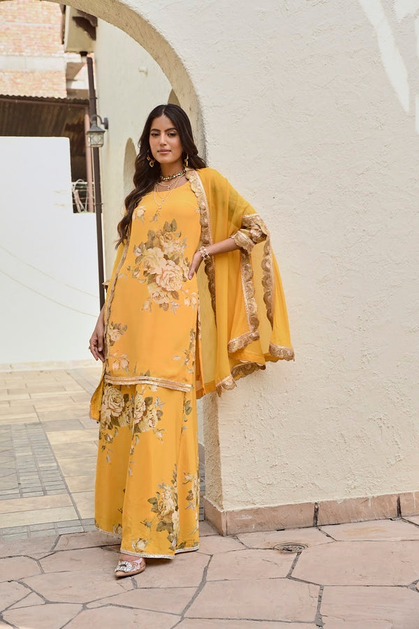 MUSTARD ARAVALI CAPE | KURTA ,PALLAZOS | SET OF THREE
