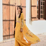 MUSTARD NAAZ CAPE, CROP TOP AND FLAIR PANTS SET OF 3
