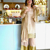 CHEF AMRITA RAICHAND | BEIGE VAANI BEIGE KURTA, FLARED PANTS & ODHANI I SET OF THREE