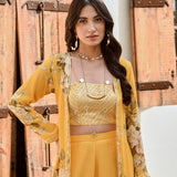MUSTARD NAAZ CAPE, CROP TOP AND FLAIR PANTS SET OF 3