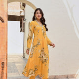 MUSTARD SHIKHA V NECK KURTA AND STRAIGHT PANTS SET OF TWO