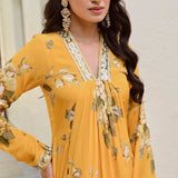 MUSTARD SHIKHA V NECK KURTA AND STRAIGHT PANTS SET OF TWO