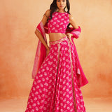 HOT PINK DISHA CROP TOP LEHENGA AND ODHANI SET OF THREE