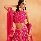 HOT PINK DISHA CROP TOP LEHENGA AND ODHANI SET OF THREE