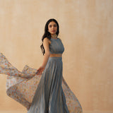 GREY DISHA CROP TOP, LEHNEGA & ODHANI SET OF THREE