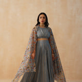 GREY DISHA CROP TOP, LEHNEGA & ODHANI SET OF THREE