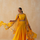 YELLOW ZEEBA CROP TOP, CAPE & PANTS SET OF THREE