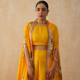 YELLOW ZEEBA CROP TOP, CAPE & PANTS SET OF THREE
