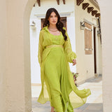 LIME GREEN SAMARA ONE SHOULDER DRESS WITH PURE ORGANZA CAPE JACKET SET OF TWO
