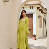 LIME GREEN IFAT FLARE DRESS WITH CAPE JACKET SET OF TWO