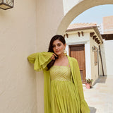 LIME GREEN IFAT FLARE DRESS WITH CAPE JACKET SET OF TWO