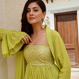 LIME GREEN IFAT FLARE DRESS WITH CAPE JACKET SET OF TWO