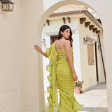 LIME GREEN RARA DRAPED SAREE WITH INTRICATE GOTA BLOUSE SET OF THREE