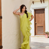 LIME GREEN RARA DRAPED SAREE WITH INTRICATE GOTA BLOUSE SET OF THREE
