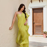 LIME GREEN RARA DRAPED SAREE WITH INTRICATE GOTA BLOUSE SET OF THREE