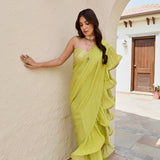 LIME GREEN RARA DRAPED SAREE WITH INTRICATE GOTA BLOUSE SET OF THREE