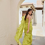 LIME GREEN RARA DRAPED SAREE WITH INTRICATE GOTA BLOUSE SET OF THREE