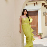 LIME GREEN RARA DRAPED SAREE WITH INTRICATE GOTA BLOUSE SET OF THREE