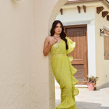 LIME GREEN RARA DRAPED SAREE WITH INTRICATE GOTA BLOUSE SET OF THREE
