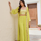 LIME GREEN NAAZ CAPE, CROP TOP AND FLAIR PANTS SET OF THREE