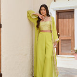 LIME GREEN NAAZ CAPE, CROP TOP AND FLAIR PANTS SET OF THREE