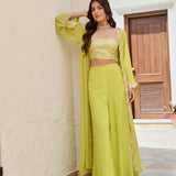 LIME GREEN NAAZ CAPE, CROP TOP AND FLAIR PANTS SET OF THREE