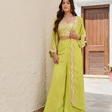 LIME GREEN NAAZ CAPE, CROP TOP AND FLAIR PANTS SET OF THREE