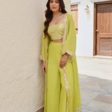 LIME GREEN NAAZ CAPE, CROP TOP AND FLAIR PANTS SET OF THREE