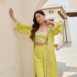 LIME GREEN NAAZ CAPE, CROP TOP AND FLAIR PANTS SET OF THREE