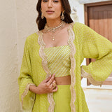 LIME GREEN NAAZ CAPE, CROP TOP AND FLAIR PANTS SET OF THREE