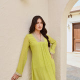 LIME GREEN BANDHANI SHIKHA KURTA AND STRAIGHT PANTS SET OF TWO
