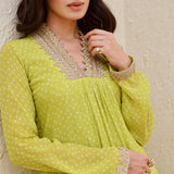 LIME GREEN BANDHANI SHIKHA KURTA AND STRAIGHT PANTS SET OF TWO