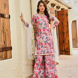 PINK NURA CHANDERI KURTA , FLAIR PANTS AND NET ODHANI SET OF THREE