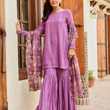 PURPLE JAIPUR KURTA WITH GARARA AND PURE CHANDERI ODHANI SET OF THREE