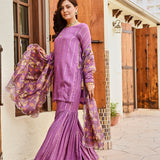 PURPLE JAIPUR KURTA WITH GARARA AND PURE CHANDERI ODHANI SET OF THREE