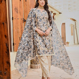 BEIGE & NAVY NURA CHANDERI KURTA, GOTA PANTS AND ODHANI SET OF THREE