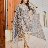 BEIGE & NAVY NURA CHANDERI KURTA, GOTA PANTS AND ODHANI SET OF THREE