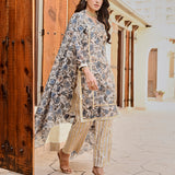 BEIGE & NAVY NURA CHANDERI KURTA, GOTA PANTS AND ODHANI SET OF THREE