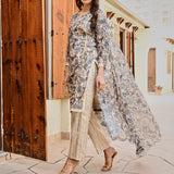 BEIGE & NAVY NURA CHANDERI KURTA, GOTA PANTS AND ODHANI SET OF THREE