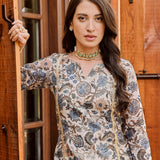 BEIGE & NAVY NURA CHANDERI KURTA, GOTA PANTS AND ODHANI SET OF THREE