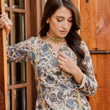 BEIGE & NAVY NURA CHANDERI KURTA, GOTA PANTS AND ODHANI SET OF THREE